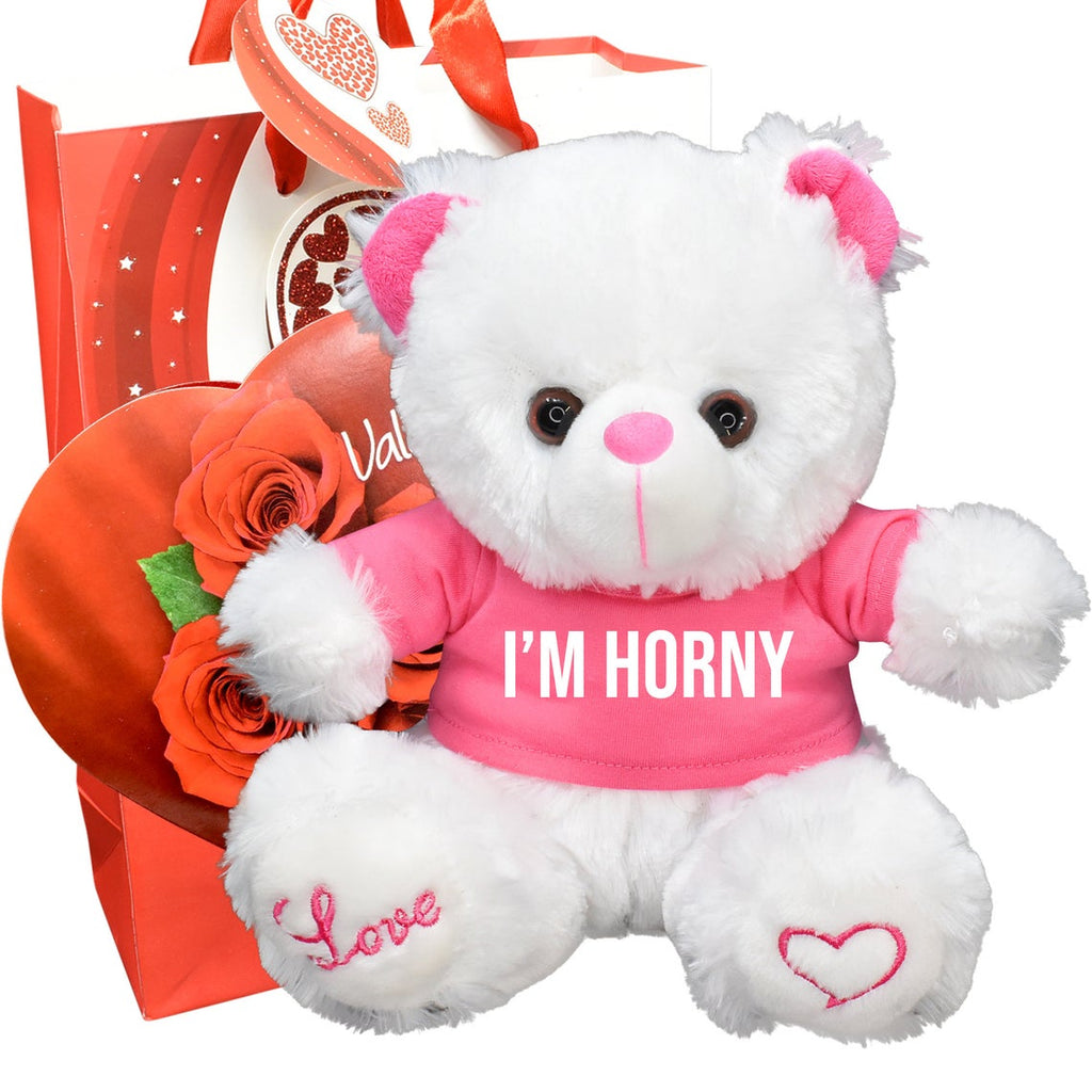I'm Horny! Medium 9" Valentines Day Teddy Bear Box Of Chocolates Gift Bag Heart Shaped Galentines Day Gift For Him Her Boyfriend Girlfriend