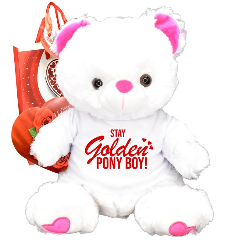 Stay Golden Pony Boy! Valentines Day Teddy Bear Chocolate Gift Bag Gift For Him Her Husband Wife Boyfriend Girlfriend Funny Teddybear White