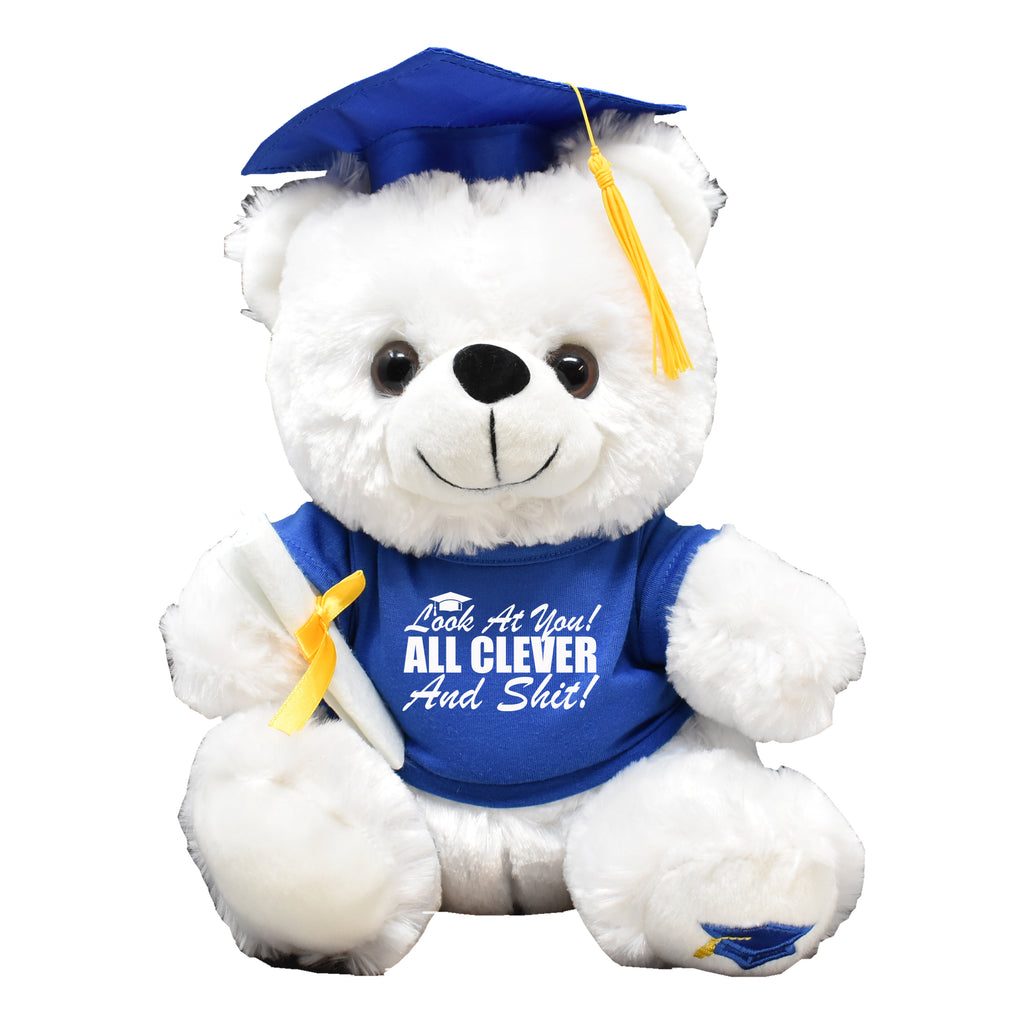 Look At You All CLEVER! Funny Graduation Gift White Teddy Bear Plush 12" Tall Blue Shirt
