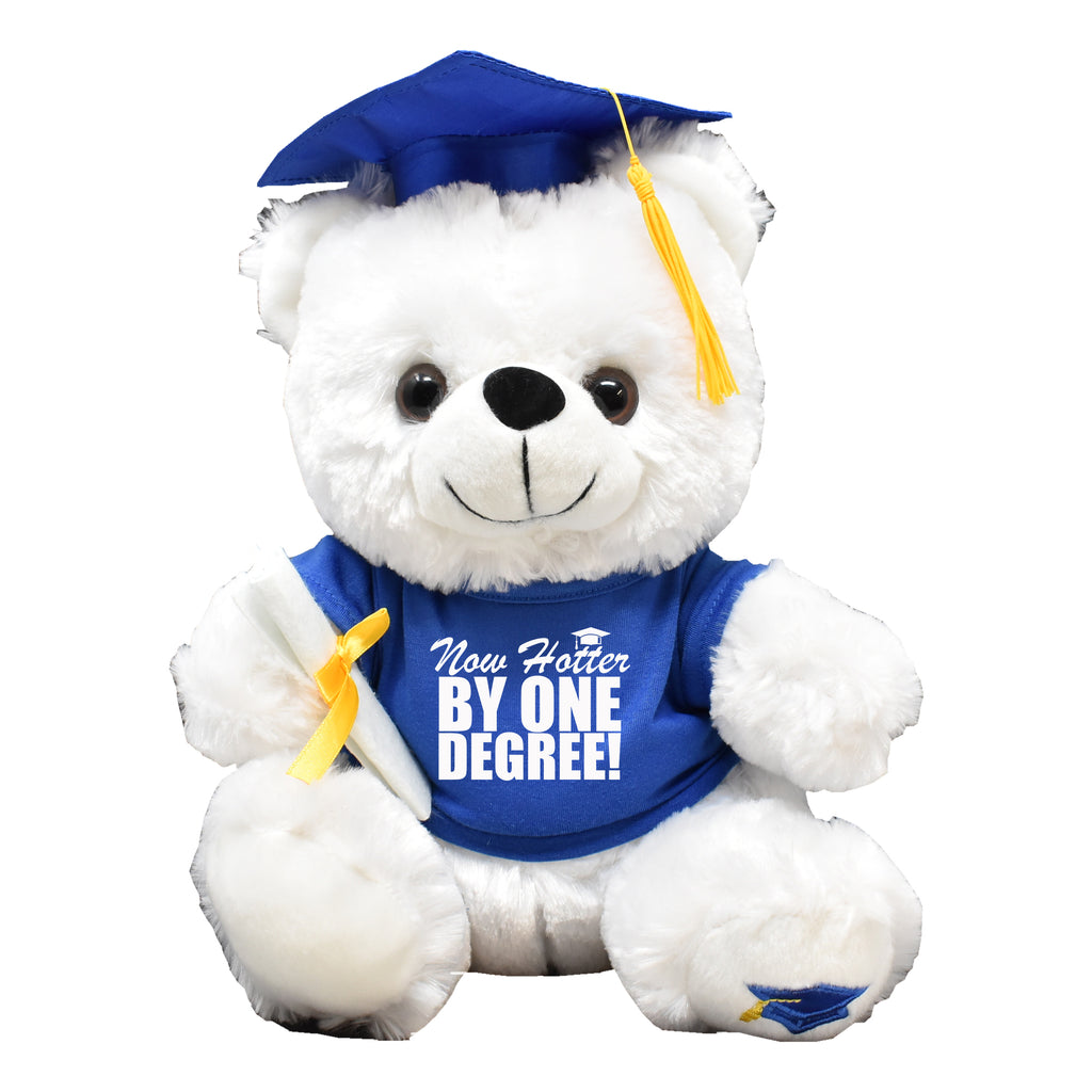 Now Hotter By One Degree! Funny Graduation Gift White Teddy Bear Plush 12" Tall Blue Shirt